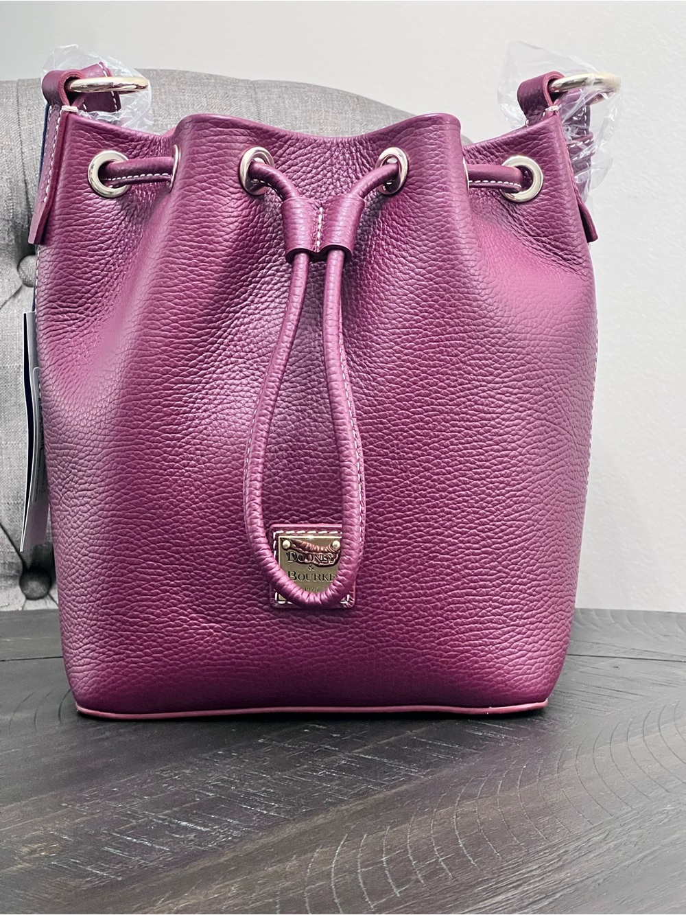 Dooney & Bourke Lucca Pebble Leather Drawstring Shoulder Bag Wine